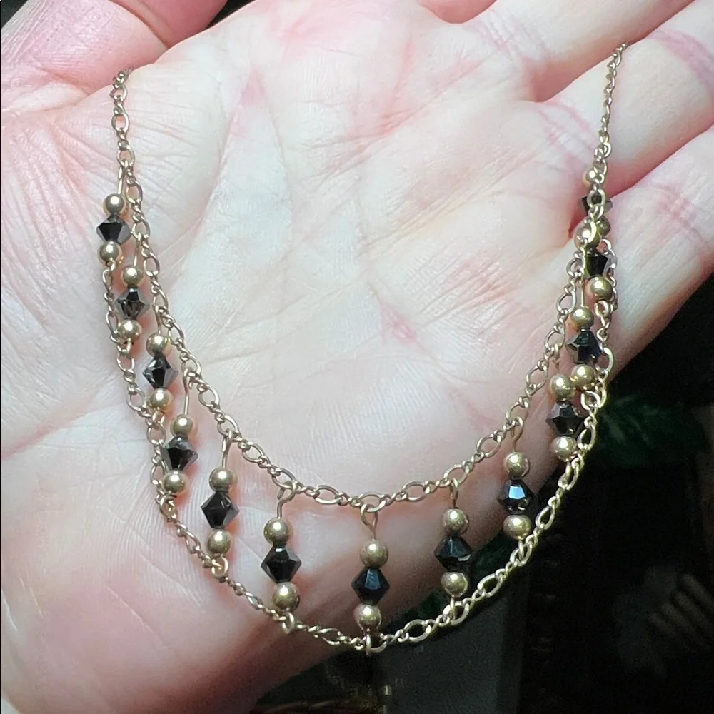 Vintage Antique Gothic Gold Filled Black Crystal Beaded Drop Bib Collar Necklace